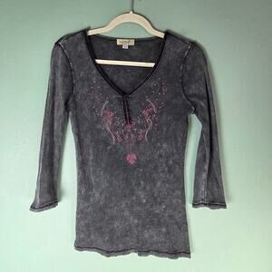 One World Top Womens M Black Acid Whimsigoth 3/4 Sleeve Y2K Embellished Ribbed